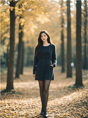 秋天树林黑色丝袜美女写真图片